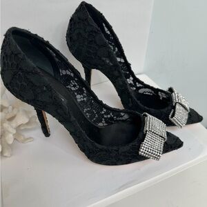 Dolce and Gabanna Elegant Black Lace Heels with Rhinestone Bow new